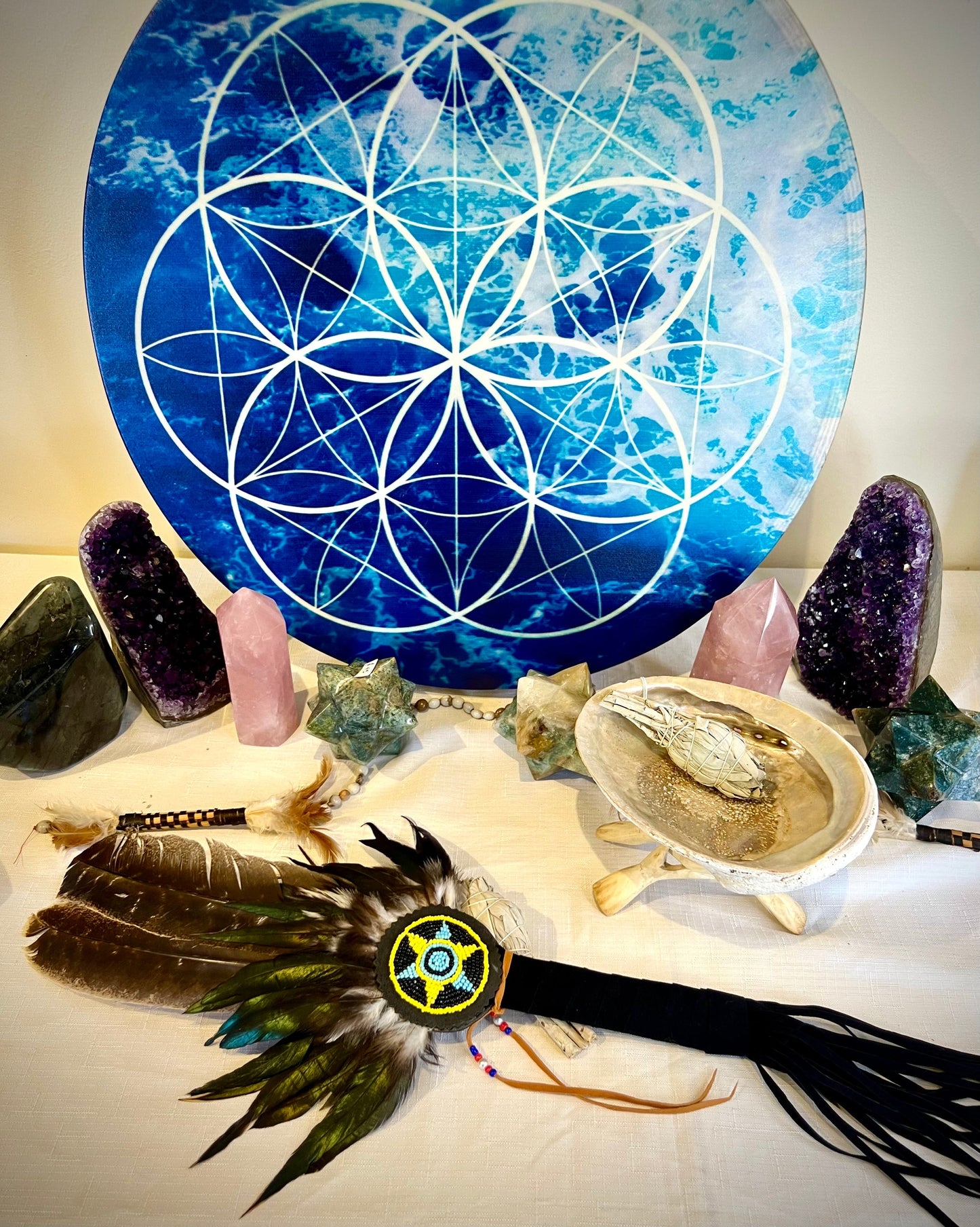Beaded North American inspired two-feather cleansing wand