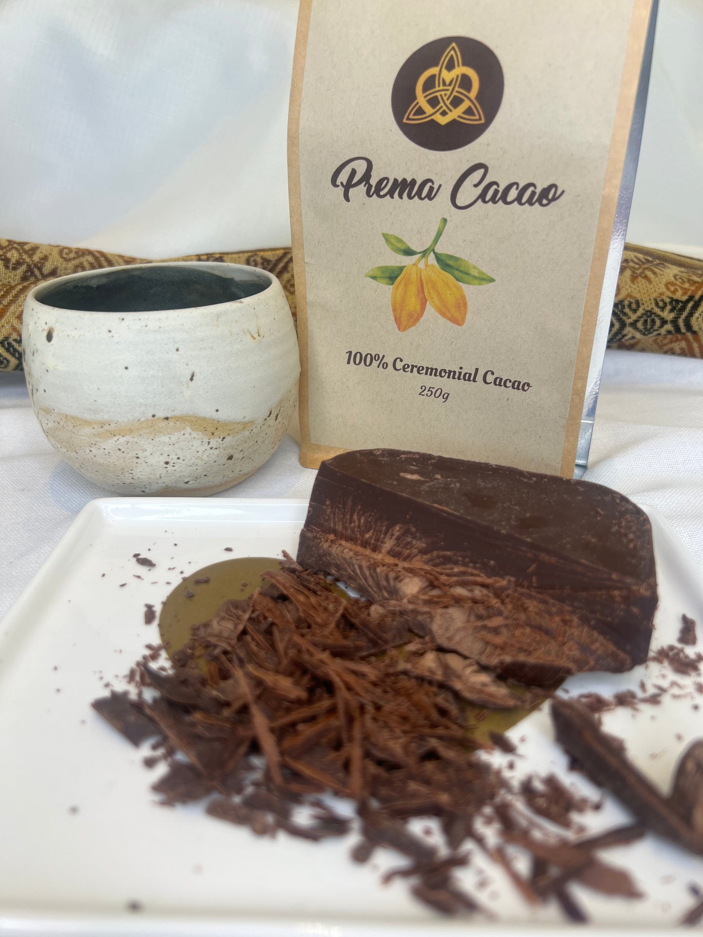 100% Ceremonial Cacao front view with chopped cacao block