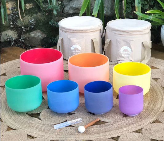 Set of 7 Rainbow Colour Crystal Singing Bowls in Beige Bags