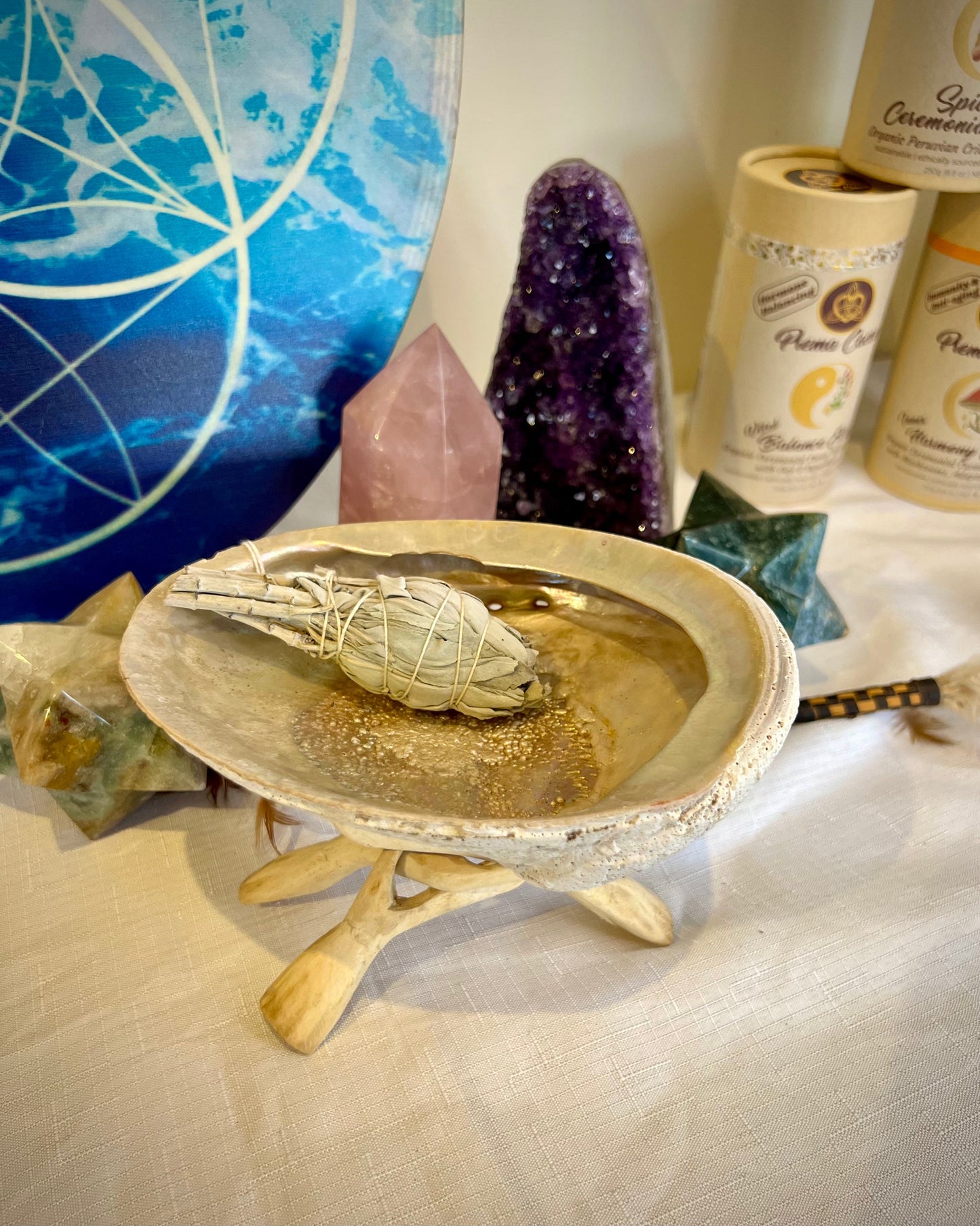 Abalone smudge shell with wooden stand and sage stick