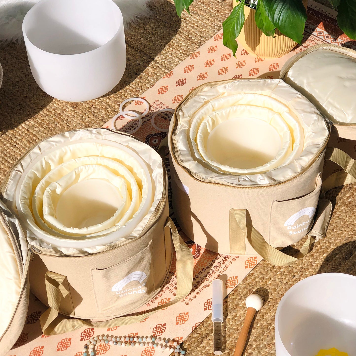 Set of 3 White Crystal Singing Bowls in Beige Bag