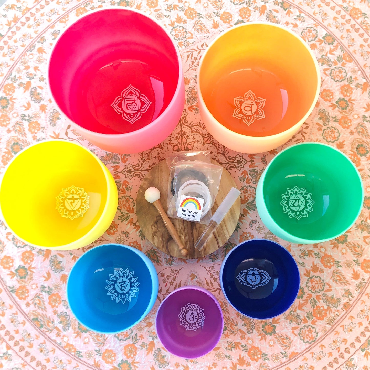 Set of 7 Rainbow Colour Crystal Singing Bowls in Carry Bags