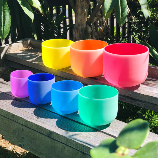 Set of 7 Rainbow Colour Crystal Singing Bowls in Carry Bags