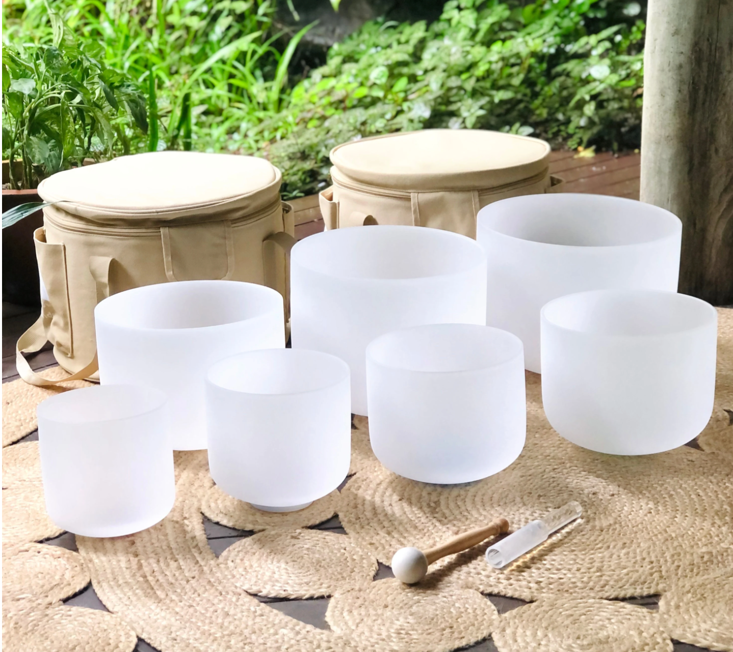Set of 7 White Crystal Singing Bowls in Beige Bags