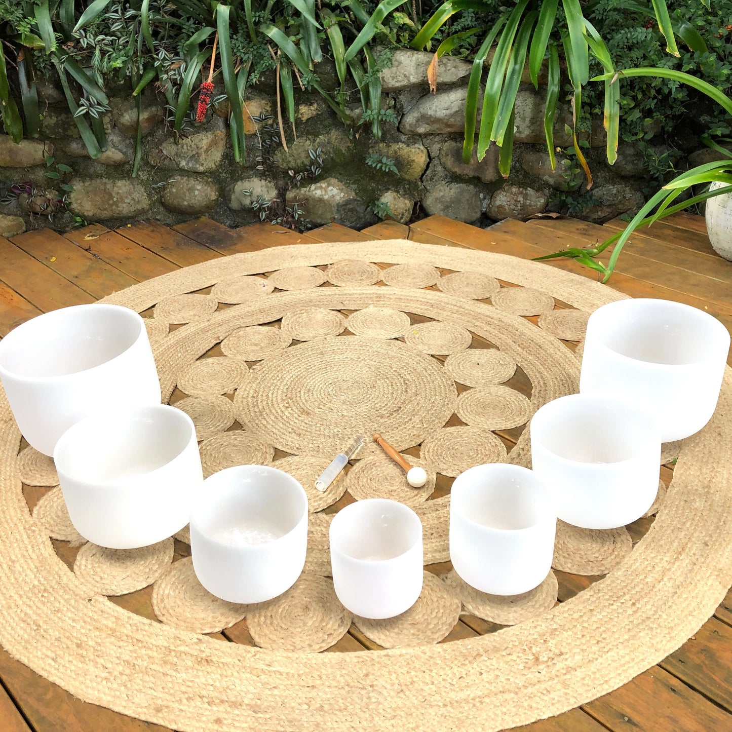 Golden Chakra Set of 7 White Crystal Singing Bowls in Beige Bags