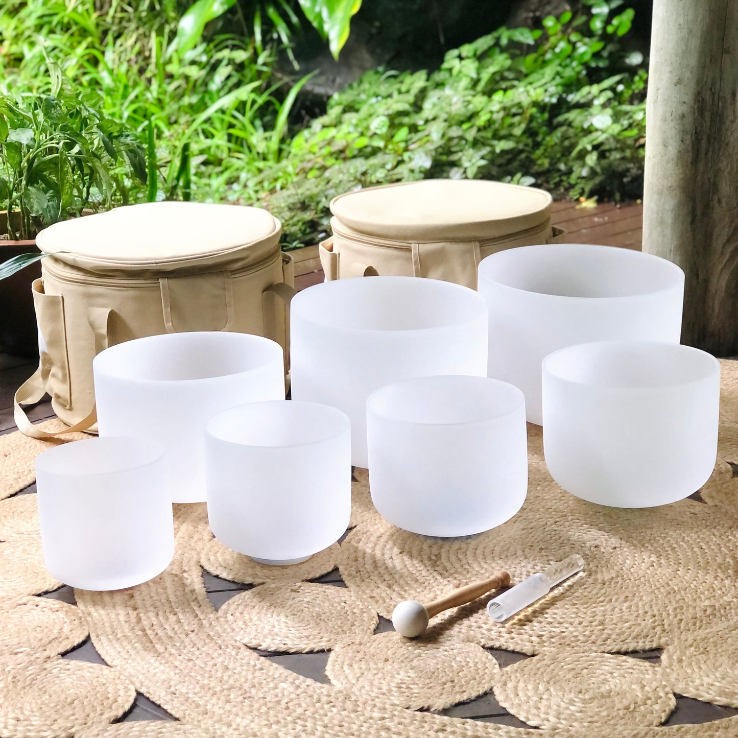 Golden Chakra Set of 7 White Crystal Singing Bowls in Beige Bags