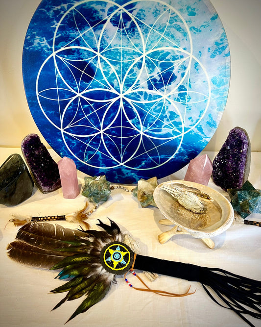 Complete smudging kit with abalone shell, stand, sage and feather wand